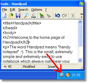 Screenshot of Handpad window near the system tray area